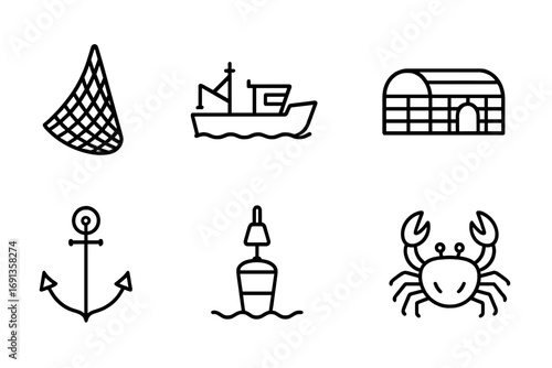 Marine Extraction Icons. Outline icon set of fishing and marine extraction: fishing net, trawler boat, fish, lobster trap, anchor,