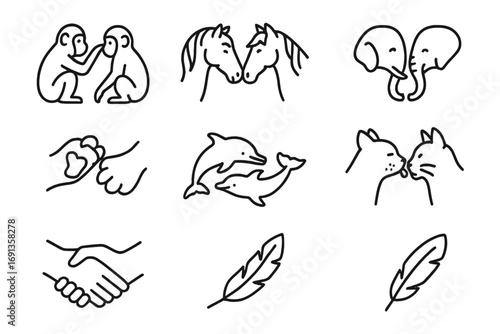 Animal Tactile Communication. Outline icon set of tactile communication: grooming monkeys, nuzzling horses,