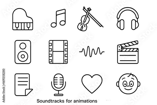 Animation Soundtrack Icons. Outline icon set of soundtracks for animations: piano, music note, violin,