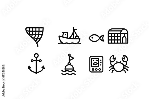 Marine Extraction Icons. Outline icon set of fishing and marine extraction: fishing net, trawler boat, fish, lobster trap, anchor,