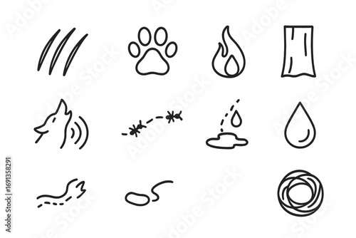 Territory Marking Icons. Outline icon set of territory marking: claw scratch, paw print, scent droplet, tree