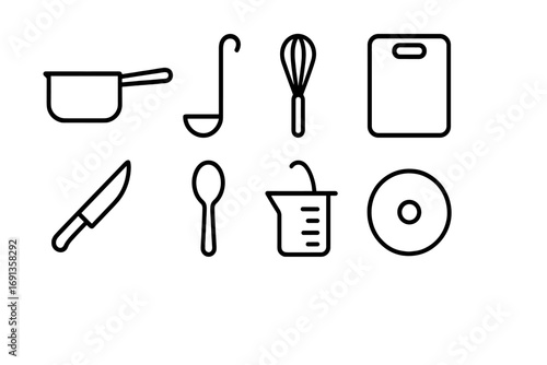 Kitchen Tools Icons. Outline icon set of kitchen tools for risotto: saucepan, ladle, whisk, cutting board,