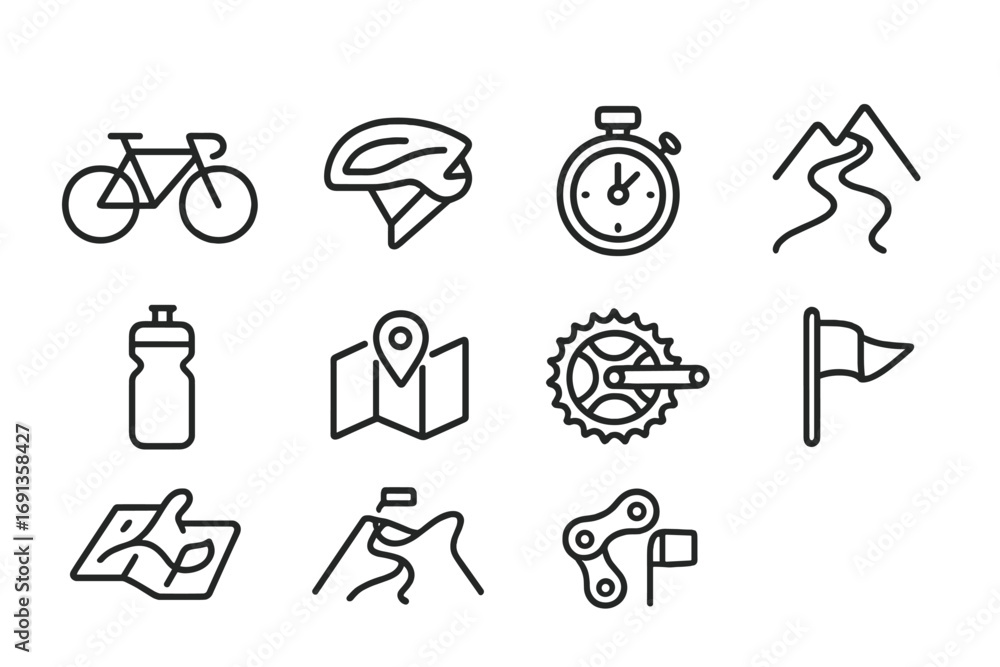 Fototapeta premium Cycling Challenge Icons. Outline icon set of cycling challenges: road bike, helmet, stopwatch, mountain path,