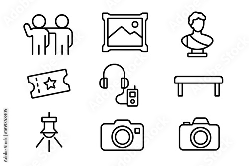 Museum Day Fun. Outline icon set of two friends enjoying a fun day at an art gallery or museum: two people,