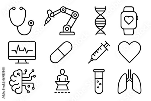 Medical Technology Icons. Outline icon set of medical technology: stethoscope, robotic surgery arm, DNA helix,