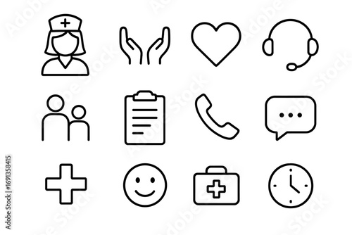 Caregiver Support Icons. Outline icon set of caregiver support: nurse, hands, heart, headset, family icon,