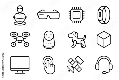 Futuristic Gadgets Icons. Outline icon set of futuristic gadgets: hologram, smart glasses, nanochip, wristband