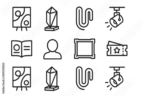 Modern Art Icon Set. Outline icon set of modern art exhibition: abstract painting, geometric sculpture, neon