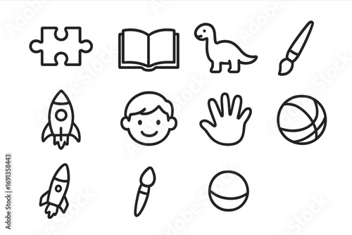Children's Museum Icons. Outline icon set of children’s museum: puzzle piece, book, dinosaur, paintbrush,