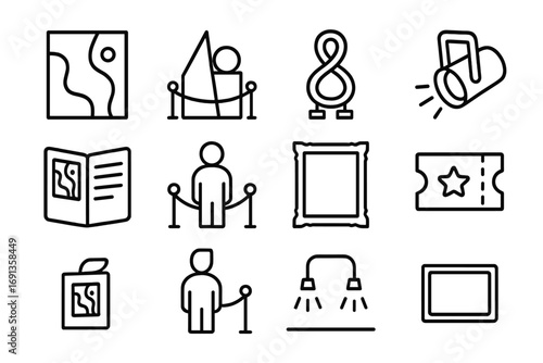 Modern Art Icon Set. Outline icon set of modern art exhibition: abstract painting, geometric sculpture, neon
