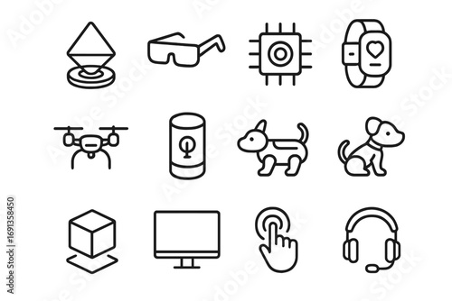 Futuristic Gadgets Icons. Outline icon set of futuristic gadgets: hologram, smart glasses, nanochip, wristband