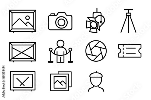 Photography Exhibit Icons. Outline icon set of photography exhibition: photo frame, camera, spotlight, tripod,