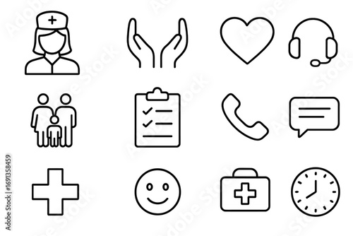 Caregiver Support Icons. Outline icon set of caregiver support: nurse, hands, heart, headset, family icon,