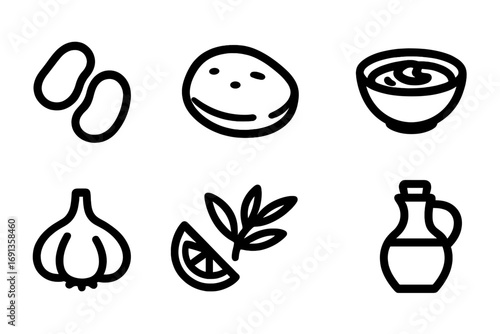 Mediterranean Cuisine Icons. Solid, filled icon set of Mediterranean cuisine: fava beans, pita bread, olive branch, hummus bowl,