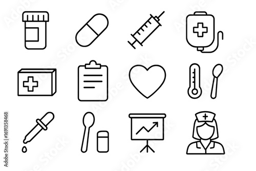 Hospice Medication Icons. Outline icon set of hospice medication: pill bottle, capsule, syringe, IV bag,