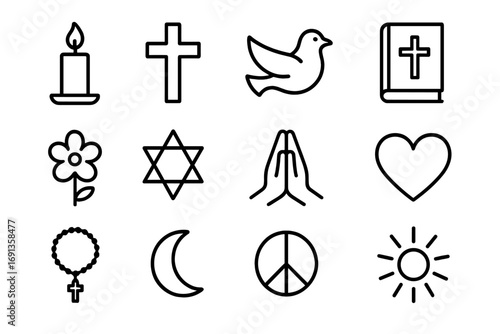 Spiritual Symbols Icon Set. Outline icon set of spiritual care: candle, cross, dove, prayer book, flower, star