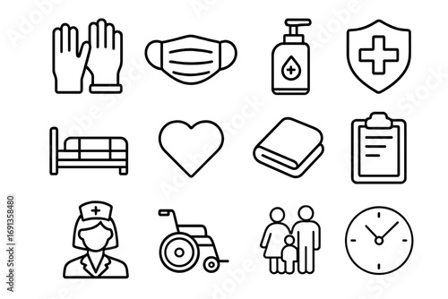Hospice Safety Icons. Outline icon set of hospice safety: gloves, mask, sanitizer bottle, cross shield, bed