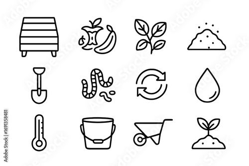 Composting Icon Set. Outline icon set of composting: compost bin, food scraps, leaves, soil, shovel, worms,