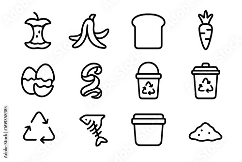 Food Waste Recycling Icons. Outline icon set of food waste recycling: apple core, banana peel, bread crust,