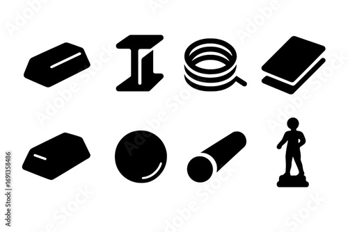 Metal Icon Set. Solid, filled icon set of metal types: iron ingot, steel beam, copper wire, aluminum sheet, gold bar, silver coin,