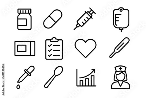 Hospice Medication Icons. Outline icon set of hospice medication: pill bottle, capsule, syringe, IV bag,