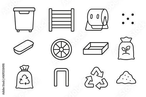 Compost Bin Icons. Outline icon set of compost bins: plastic bin, wooden bin, tumbler bin, aeration holes, lid