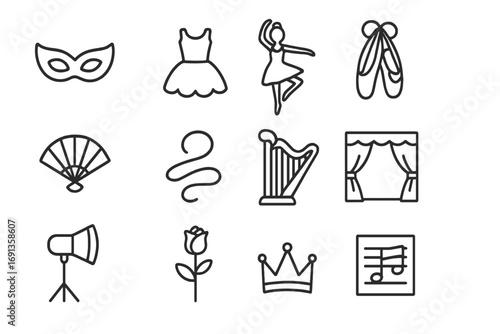 Classical Dance Icons. Outline icon set of classical dance: mask, tutu, dancer, shoes, fan, ribbon, harp,