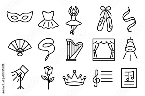 Classical Dance Icons. Outline icon set of classical dance: mask, tutu, dancer, shoes, fan, ribbon, harp,
