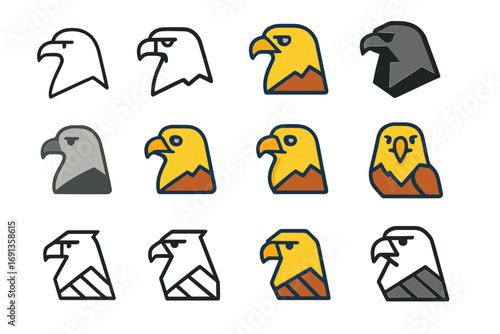 Eagle Logo Variations. Set Logo of Animals: Eagle. Logo set in vector style, emblematic variations. line, bold thick line, solid