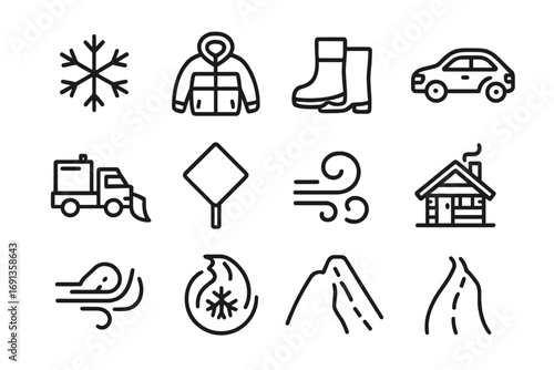 Blizzard Travel Icons. Outline icon set of blizzard travel: snowflake, winter coat, boots, car, snowplow, road