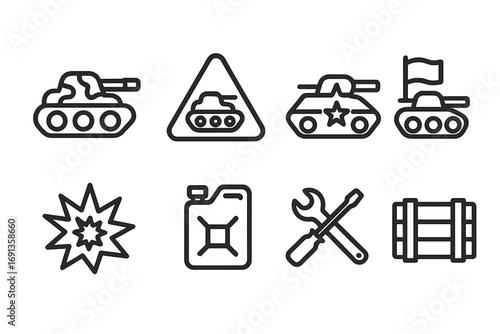Military Tank Icon Set. Outline icon set of tank symbols: camouflage pattern, warning sign, military star, flag emblem, explosive