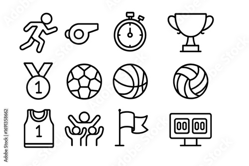 School Sports Icons. Outline icon set of student participation in school sports events: running track, whistle