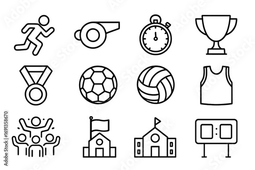 School Sports Icons. Outline icon set of student participation in school sports events: running track, whistle