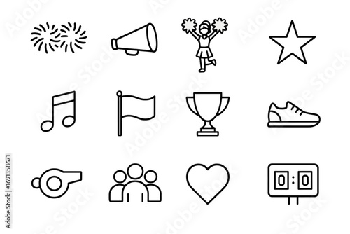 Cheerleading Icon Set. Outline icon set of student cheerleading: pom-poms, megaphone, cheerleader, star, music