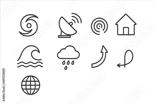 Hurricane Tracking Icons. Outline icon set of hurricane tracking: cyclone spiral, satellite dish, radar waves,