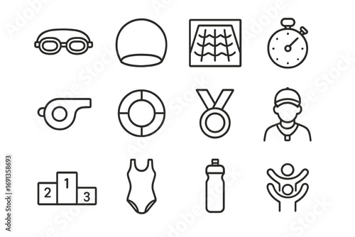 School Swimming Icons. Outline icon set of school swimming events: swimming goggles, cap, pool lanes,