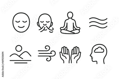 Mindfulness Icon Set. Outline icon set of mindfulness and relaxation: calm face, deep breath, meditation pose, flowing water,