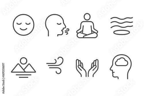 Mindfulness Icon Set. Outline icon set of mindfulness and relaxation: calm face, deep breath, meditation pose, flowing water,