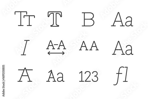 Typography Icons Grid. Outline icon set of type design: font family, serif, sans serif, bold icon, italic icon