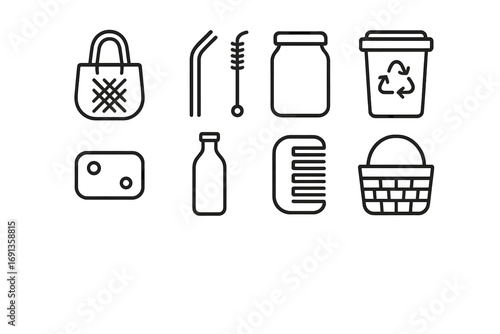 Zero Waste Icon Set. Outline icon set of zero-waste lifestyle: reusable bag, bamboo straw, refill jar,