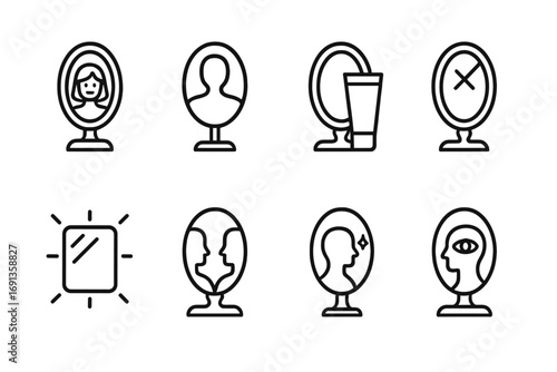 Mirror Symbolism Icons. Outline icon set of mirror symbolism: reflection, self-image, vanity, illusion, clarity, truth, duality,