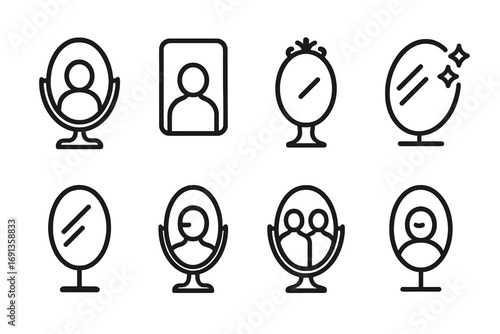 Mirror Symbolism Icons. Outline icon set of mirror symbolism: reflection, self-image, vanity, illusion, clarity, truth, duality,
