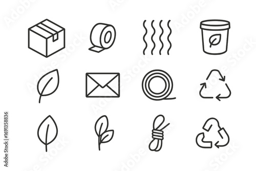 Eco Packaging Icon Set. Outline icon set of eco packaging for shipping: cardboard box, paper tape, fiber