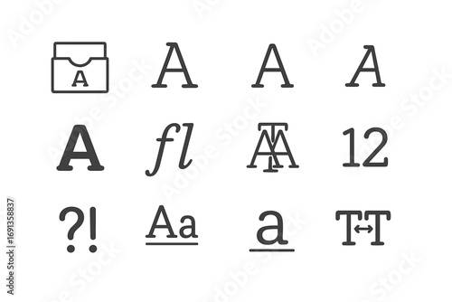 Typography Icons Grid. Outline icon set of font exploration: typecase, serif, sans serif, italic, bold,