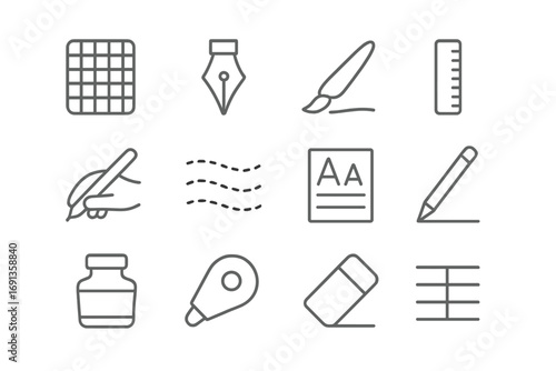 Writing Tools Icons. Outline icon set of writing practice: grid notebook, pen nib, brush stroke, ruler, hand