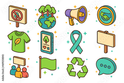 Isometric Eco Awareness. Colorful isometric vector icons set of global awareness of deforestation: protest sign, globe with trees,