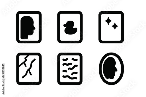 Mirror Reflection Icons. Solid, filled icon set of mirror reflections: face reflection, object reflection, shadow reflection,
