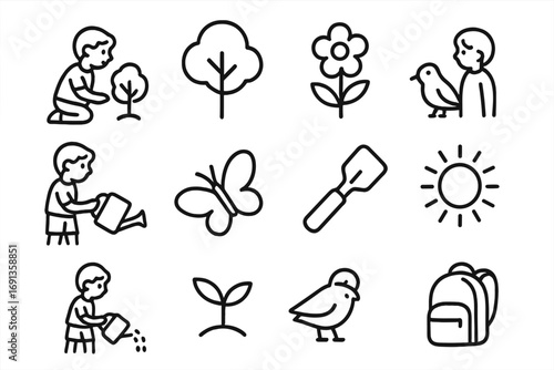 Nature Play Icons. Outline icon set of children interacting with nature: child, tree, flower, butterfly,