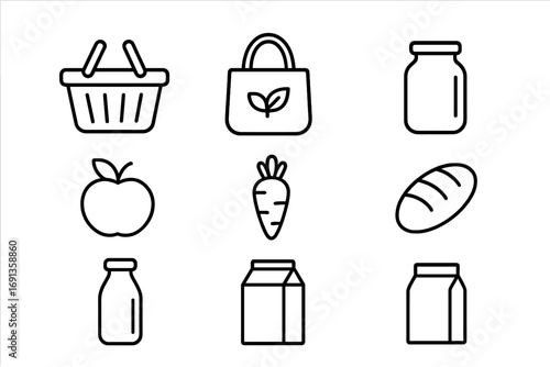 Eco-Friendly Grocery Icons. Outline icon set of sustainable grocery shopping: basket, cloth bag, glass jar,