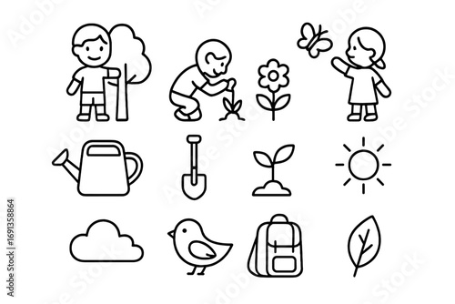 Nature Play Icons. Outline icon set of children interacting with nature: child, tree, flower, butterfly,